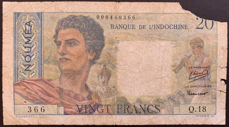 New Caledonia 20 Francs ND (1951) P-50a vintage rare banknote with shephers, sheep, and flute player