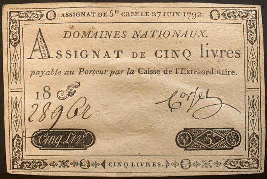 France 5 Livres Assignat 1792 P-A60 vintage french banknote