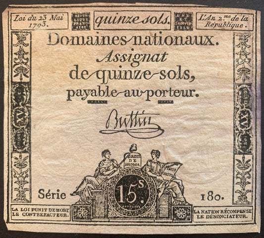 France 15 Sols Assignat 1793 P-A69 VF