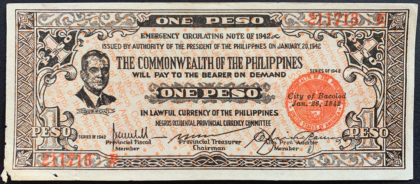 Philippines, Province of Negros Occidental 1 Peso 1942 P-S646 vintage filipino local banknote with portrait of Quezon