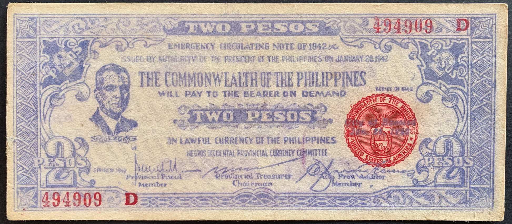 Philippines, Province of Negros Occidental 2 Pesos 1942 P-S647A vintage filipino banknote with portrait of Quezon