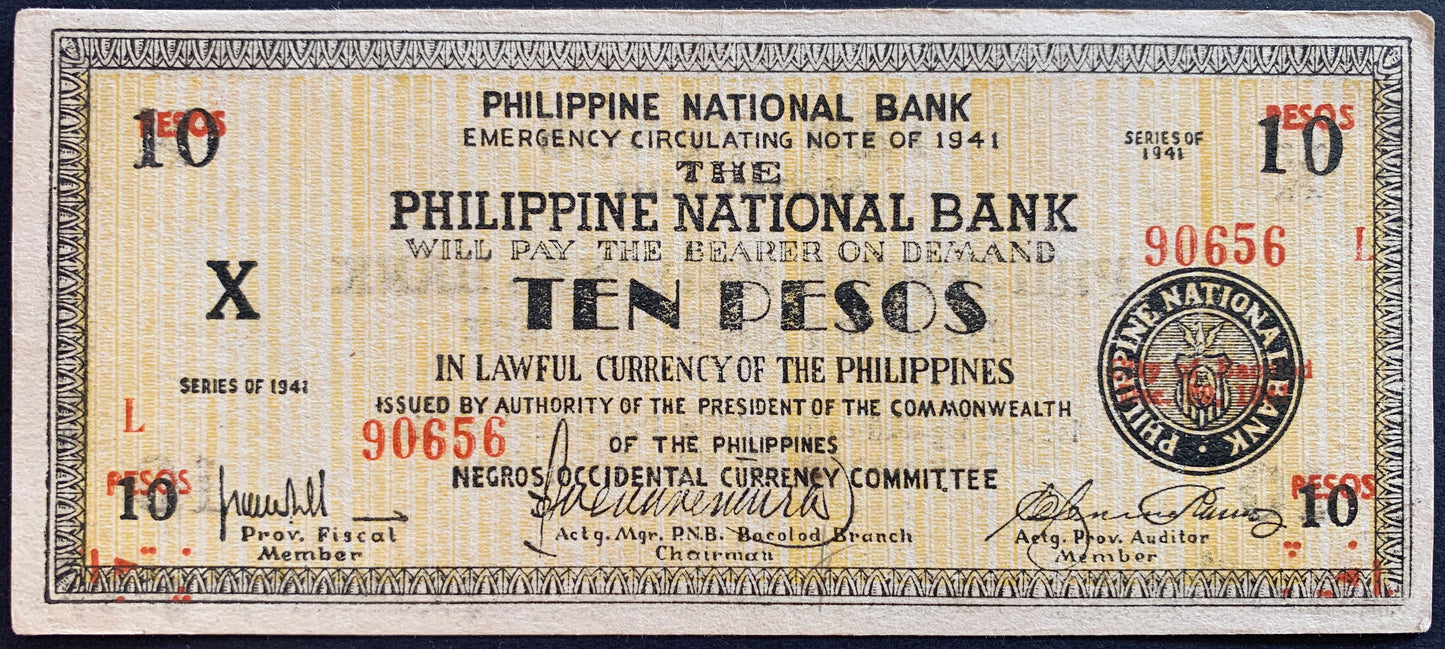 Philippines, Province of Negros Occidental 10 Pesos 1941 P-S627b vintage filipino banknote