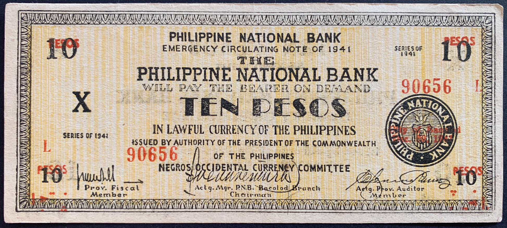 Philippines, Province of Negros Occidental 10 Pesos 1941 P-S627b vintage filipino banknote