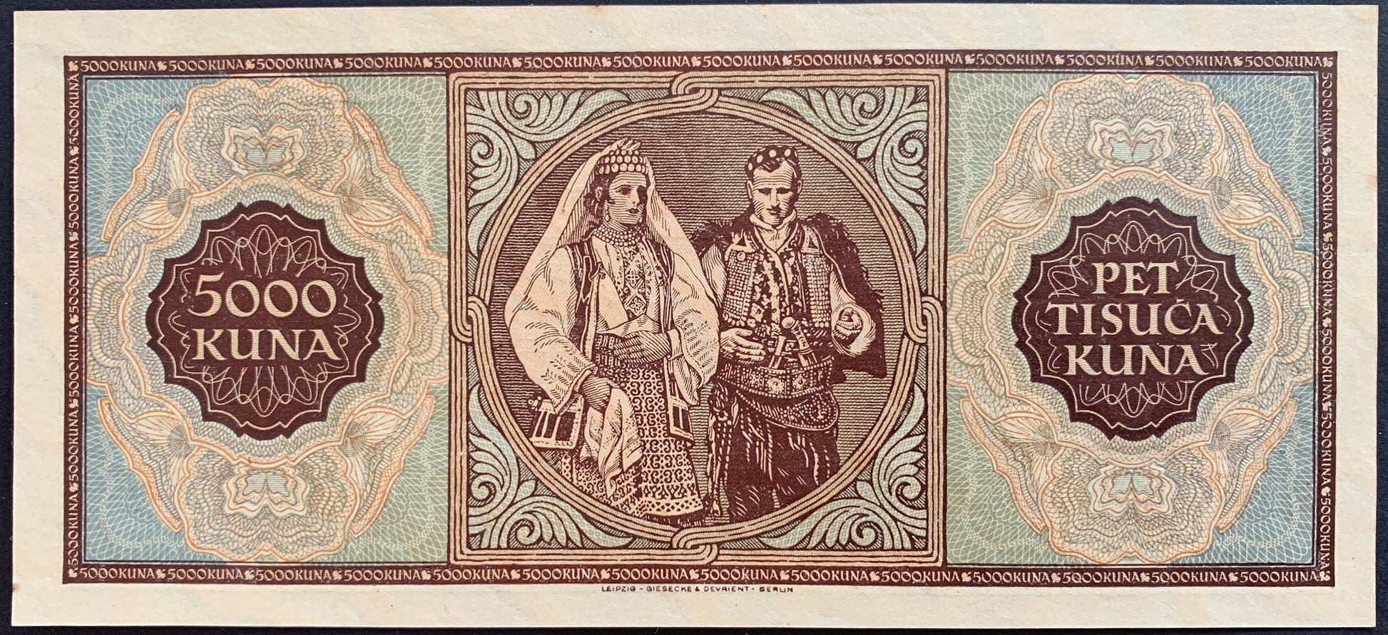Croatia 5000 Kuna 1943 P-13 UNC vintage croatian banknote with couple in traditional clothing