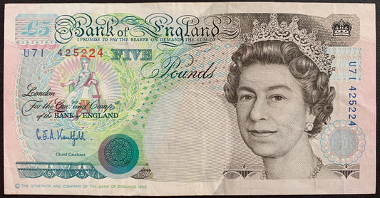 England 5 Pounds ND (1990-1991) P-382b banknote with portrait of Queen Elizabeth II and seated figure of Britannica