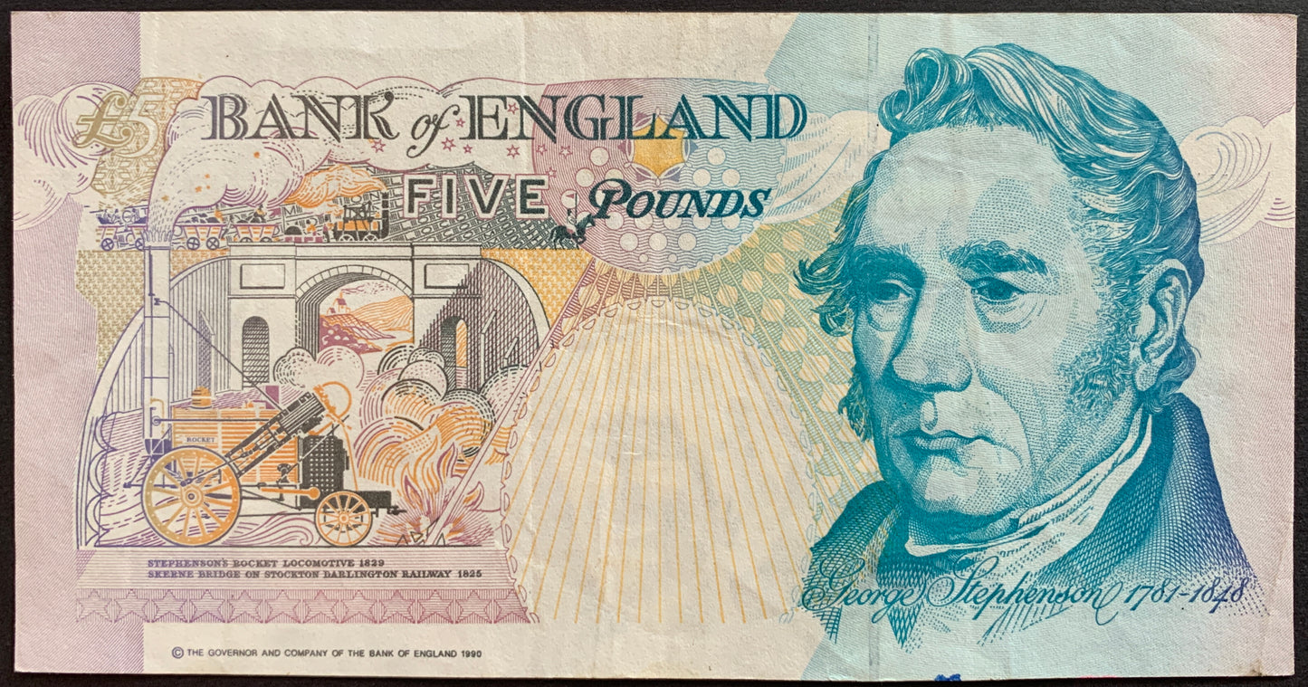England 5 Pounds ND (1990-1991) P-382b banknote with portrait of George Stephenson and rocket locomotive