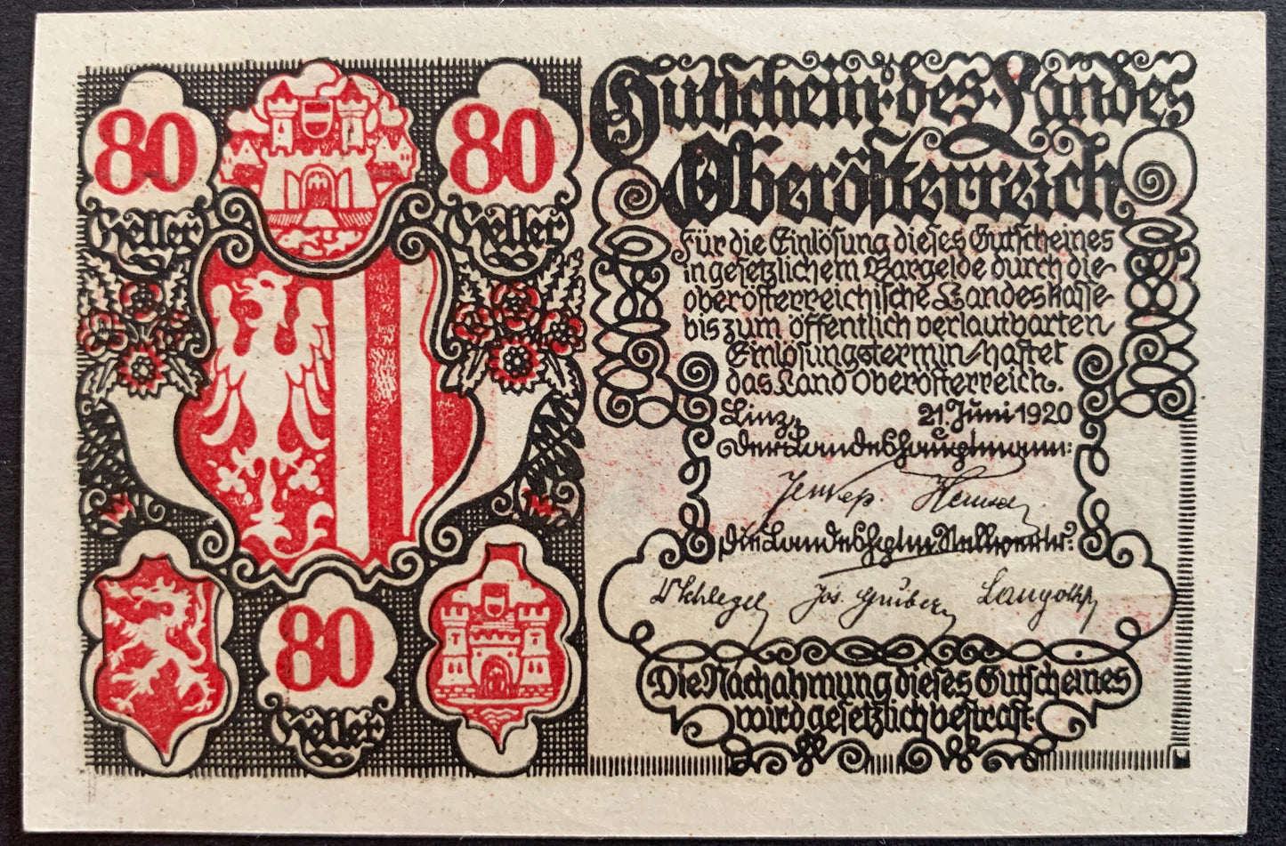 Upper Austria 80 Heller 1920 P-S118 notgeld