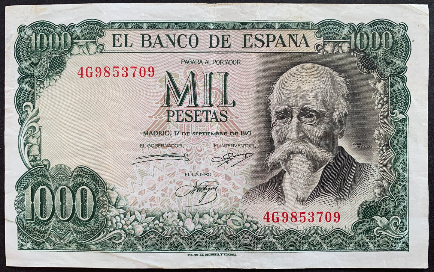 Spain 1000 Pesetas 1971 P-154 vintage spanish commemorative banknote with portrait of José Echegaray