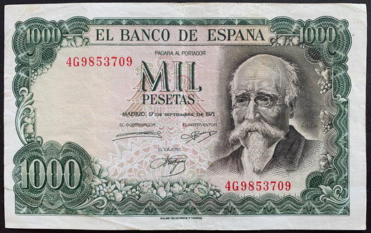 Spain 1000 Pesetas 1971 P-154 vintage spanish commemorative banknote with portrait of José Echegaray