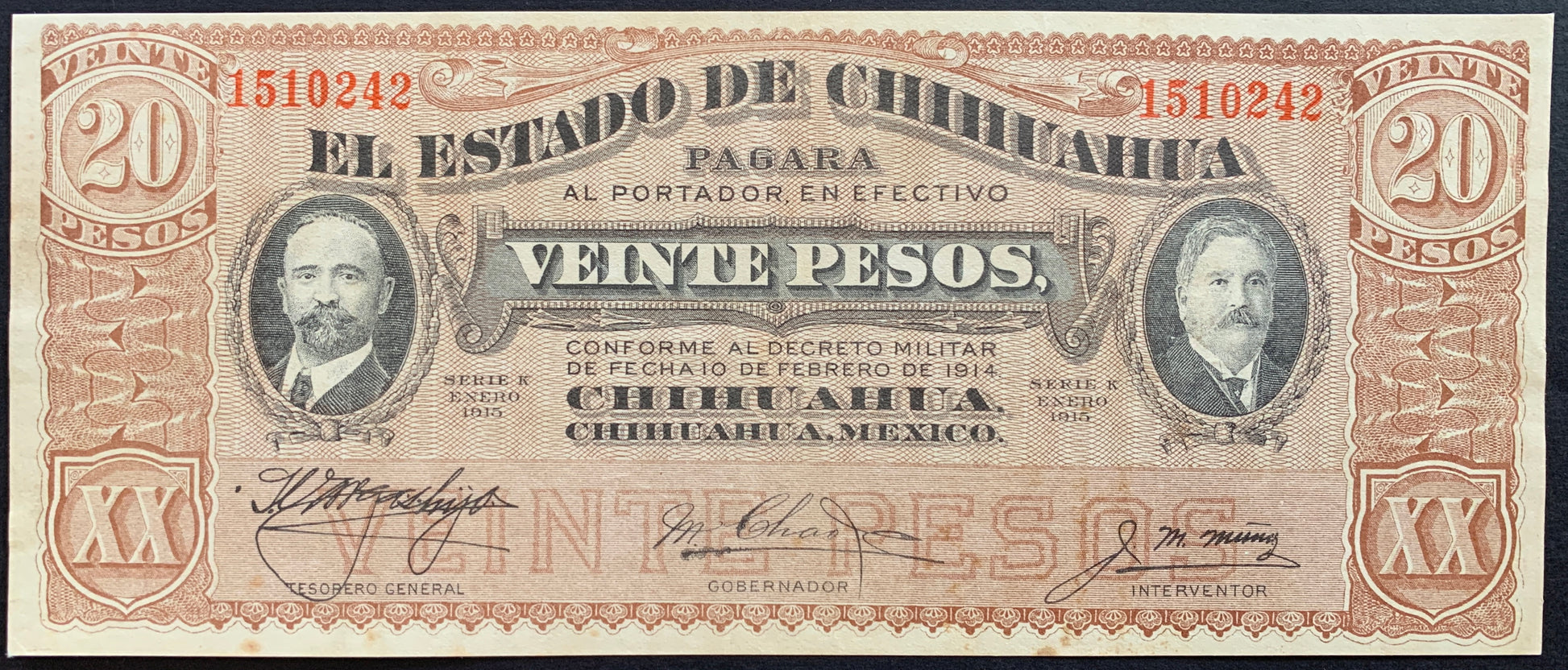 Mexico, State of Chihuahua 20 Pesos 1915 P-S537c vintage mexican banknote with portraits of Francisco I Madero and Abraham González Casavantes