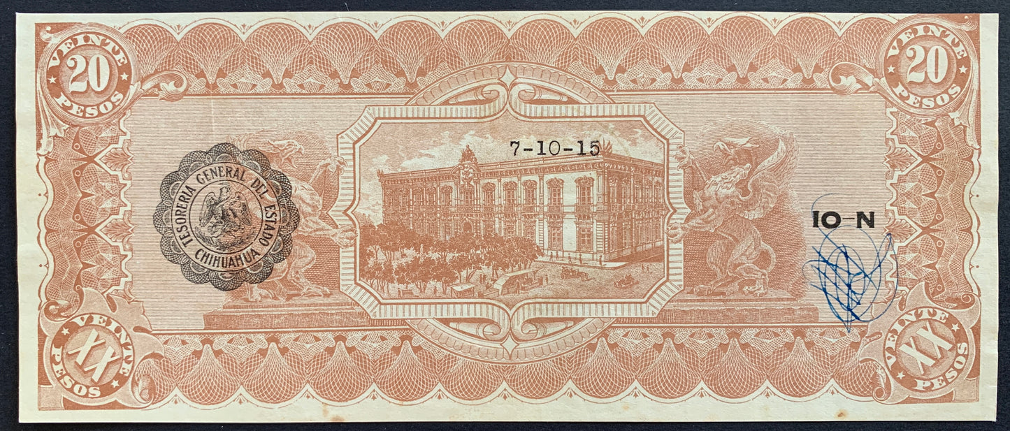 Mexico, State of Chihuahua 20 Pesos 1915 P-S537c vintage mexican banknote with Government Palace in Chihuahua city