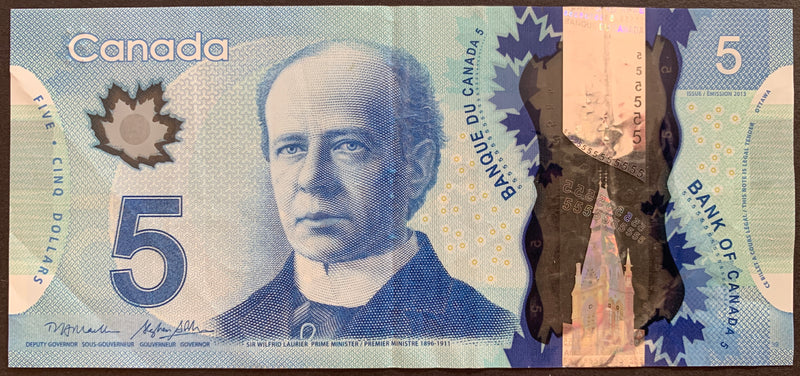 Canada 5 Dollars 2013 P-106b canadian banknote with portrait of portrait of Sir Wilfrid Laurier and Mackenzie Tower