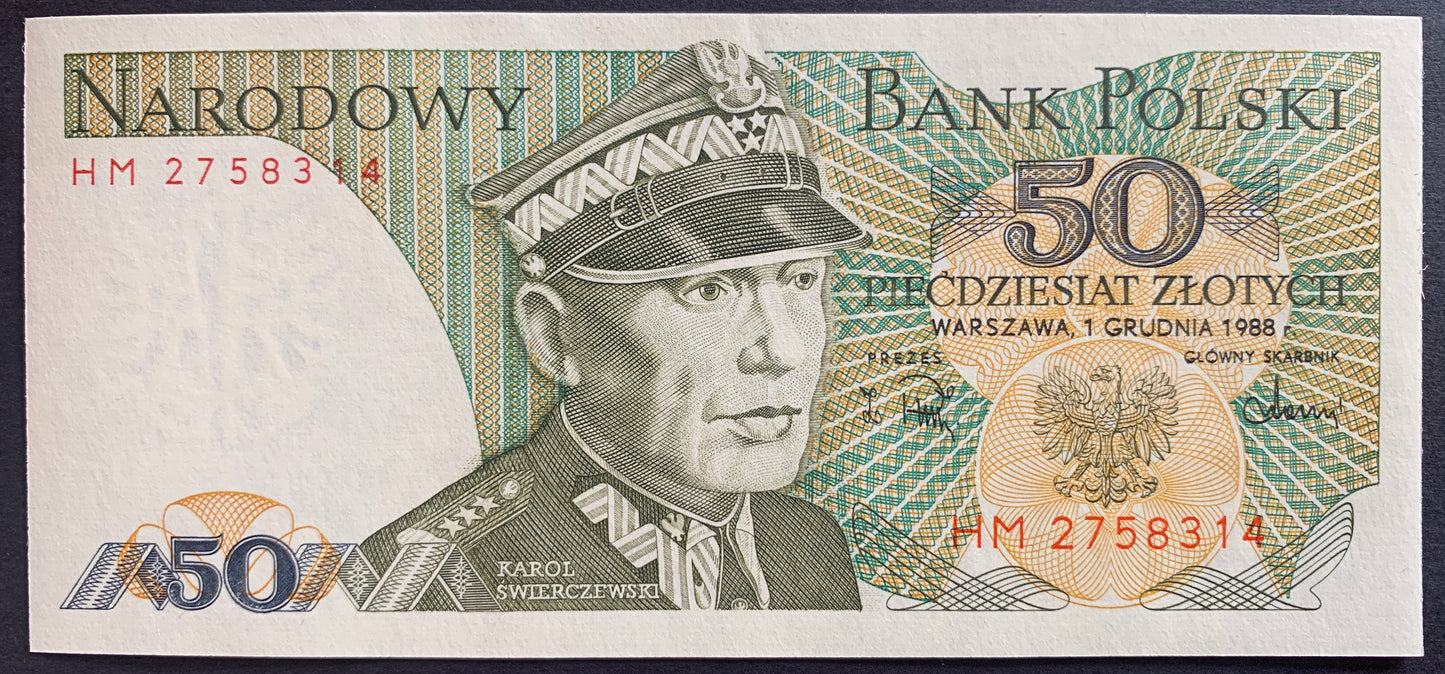 Poland 50 Zlotys 1988 P-142c Polish banknote with a portrait and text, featuring the National Bank of Poland logo