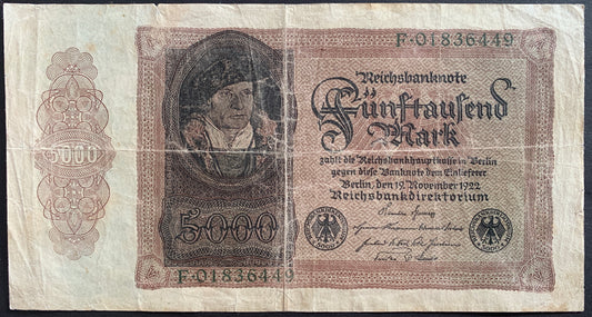Germany 5000 Mark 1922 P-78 vintage german banknote with portrait of Hans Urmiller