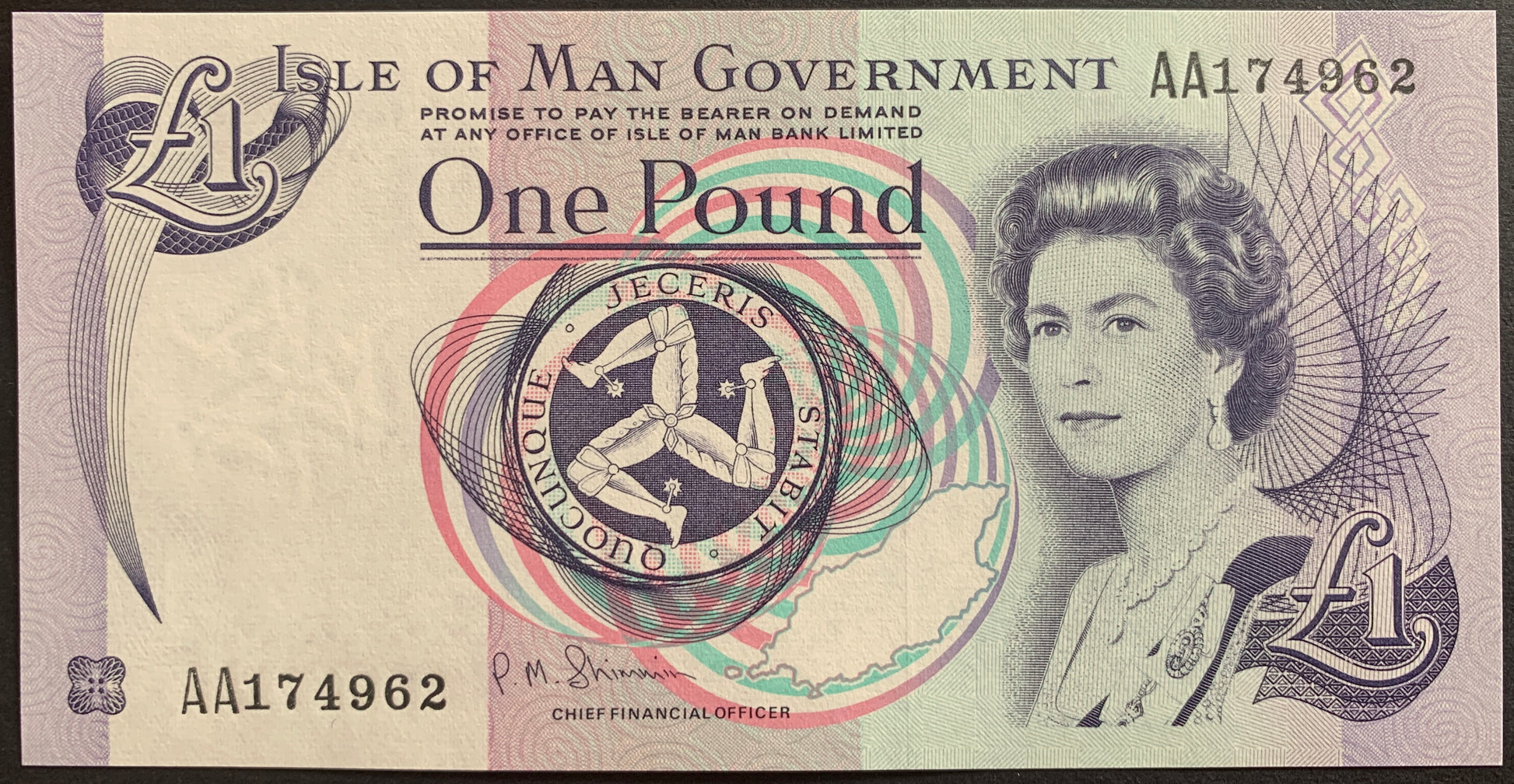 Isle of Man 1 Pound ND (2009) P-40c banknote with portrait of Queen Elizabeth II and Triskele