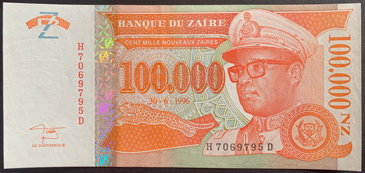 Zaïre 100 000 Nouveaux Zaïres 1996 P-77 banknote with portrait of Mobutu Sese Seko