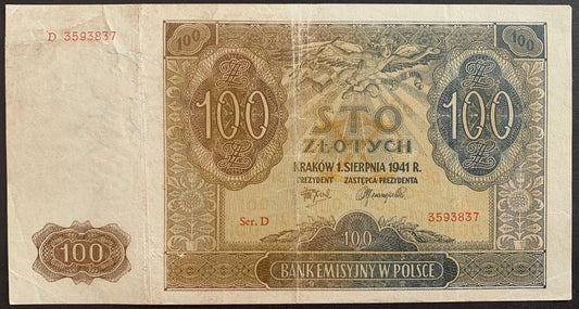 Poland, German occupation 100 Zlotych 1941 P-103 vintage polish banknote from world war II