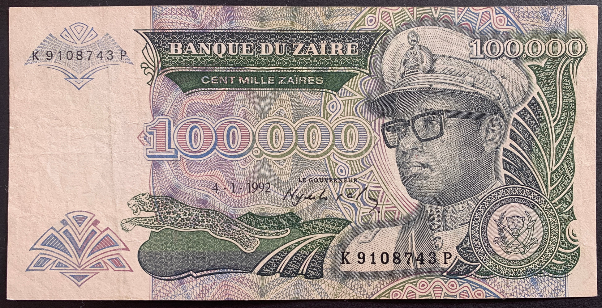 Zaïre 100 000 Zaïres 1992 P-41 vintage banknote with portrait of Mobutu