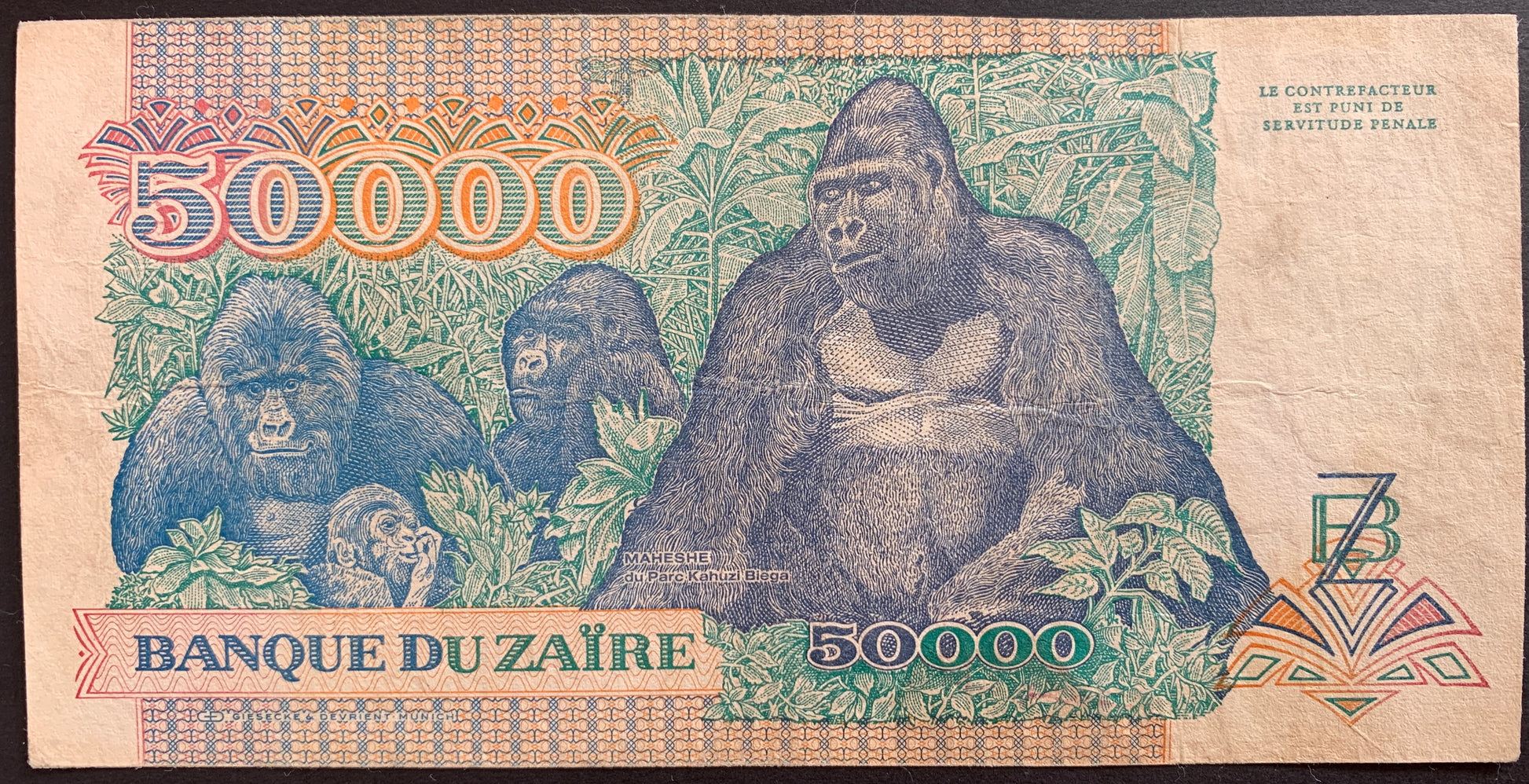Zaïre 50 000 Zaïres 1991 P-40 vintage banknote with gorillas