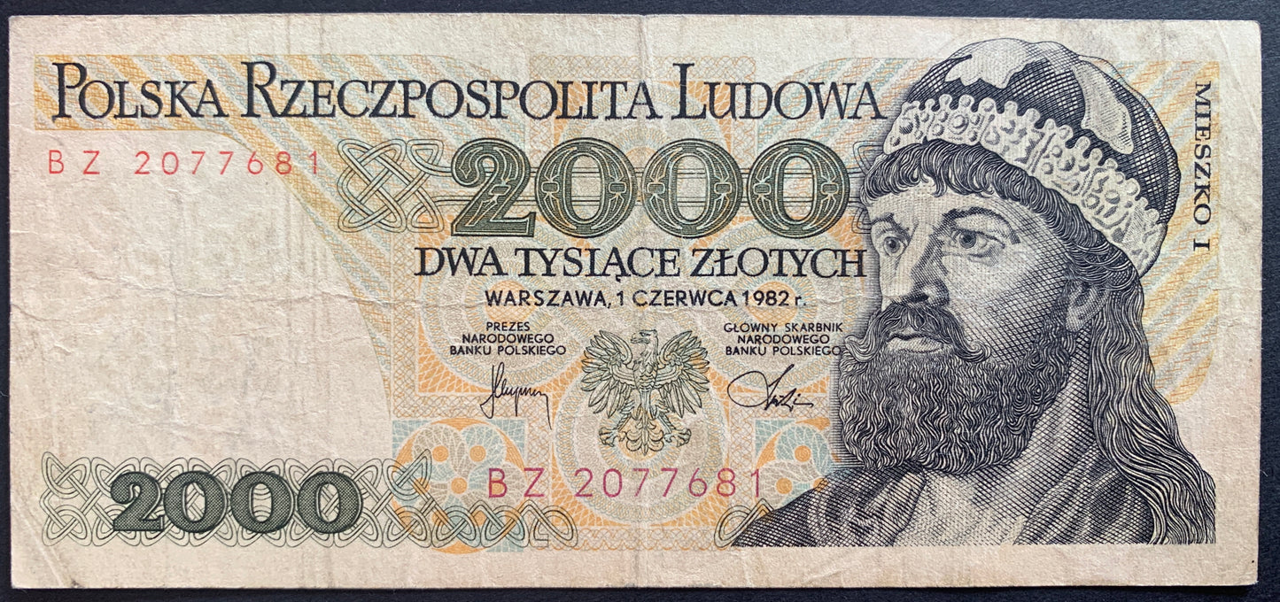 Poland 2000 Zlotych 1982 P-147c banknote with portrait of Mieszko I