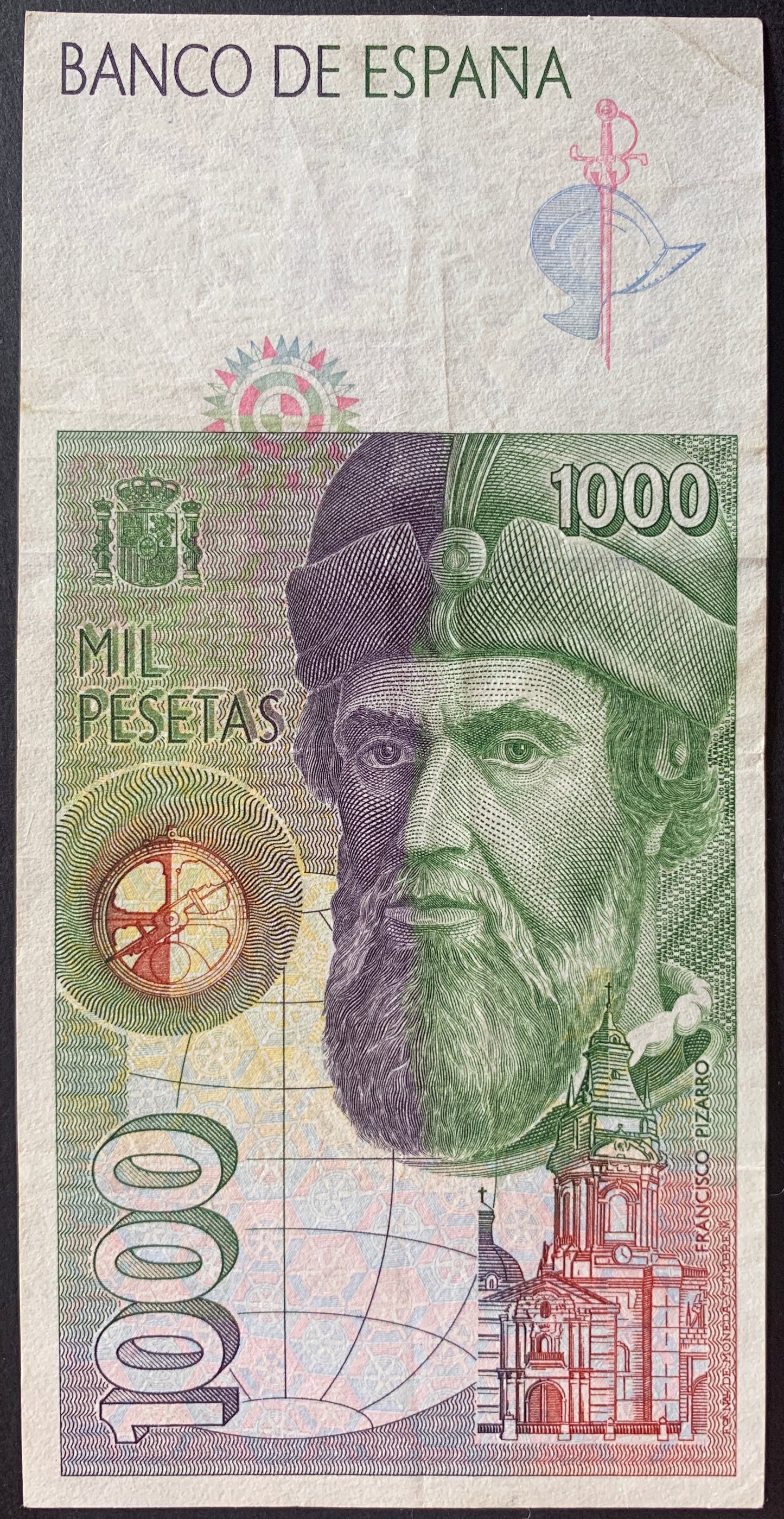 Spain 1000 Pesetas 1992 P-163 banknote with portrait of Francisco Pizarro and Lima Cathedral 