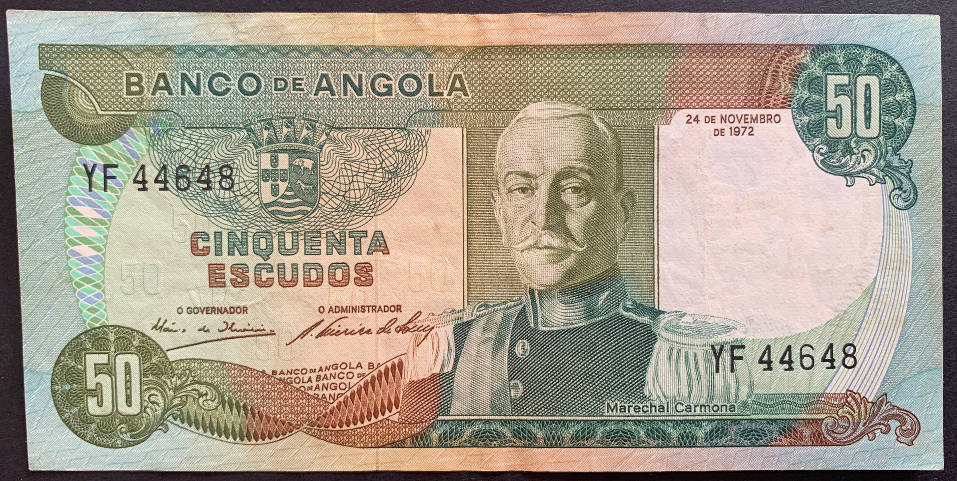 Angola 50 Escudos 1972 P-100 banknote with portrait of Marshal António Óscar de Fragoso Carmona