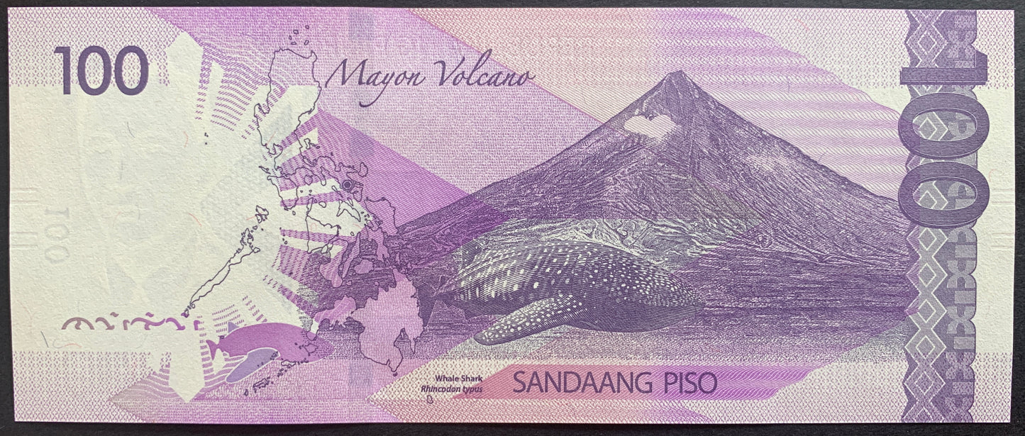 Philippines 100 Piso 2020 TBB-B1091a banknote with Mayon Volcano, whale shark and map of the philippines