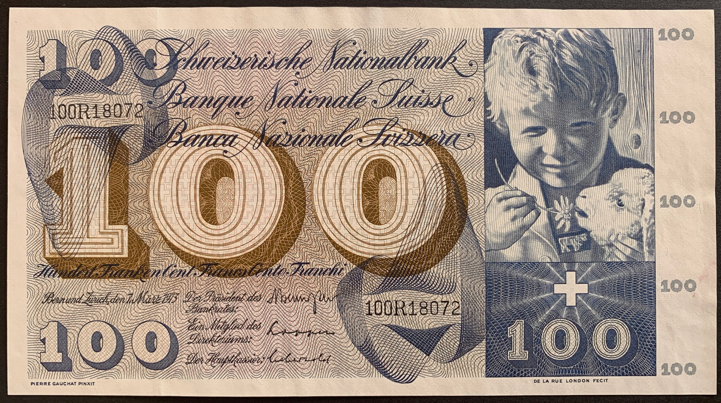 Switzerland 100 Francs 1973 P-49o vintage swiss banknote with boy feeding flower to lamb
