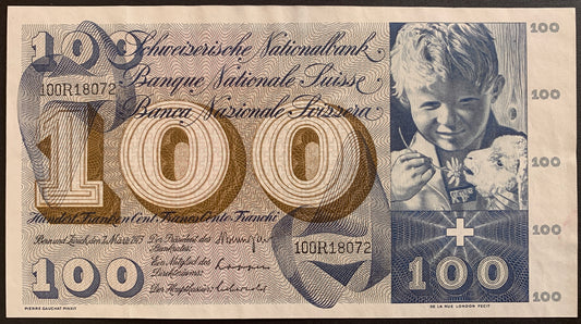 Switzerland 100 Francs 1973 P-49o vintage swiss banknote with boy feeding flower to lamb