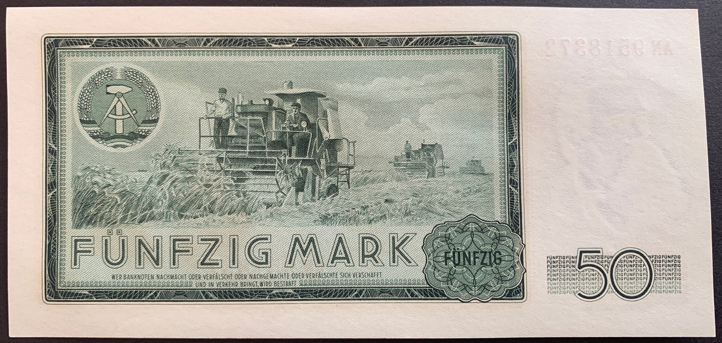 Germany 50 Mark 1964 P-25 vintage banknote with men on tractor