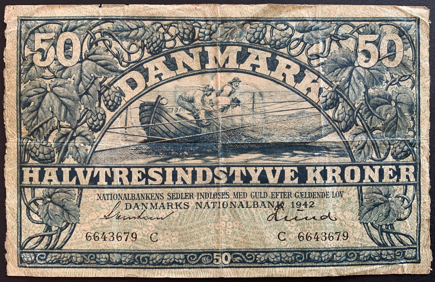 Denmark 50 Kroner 1942 P-32d vintage banknote from world war 2