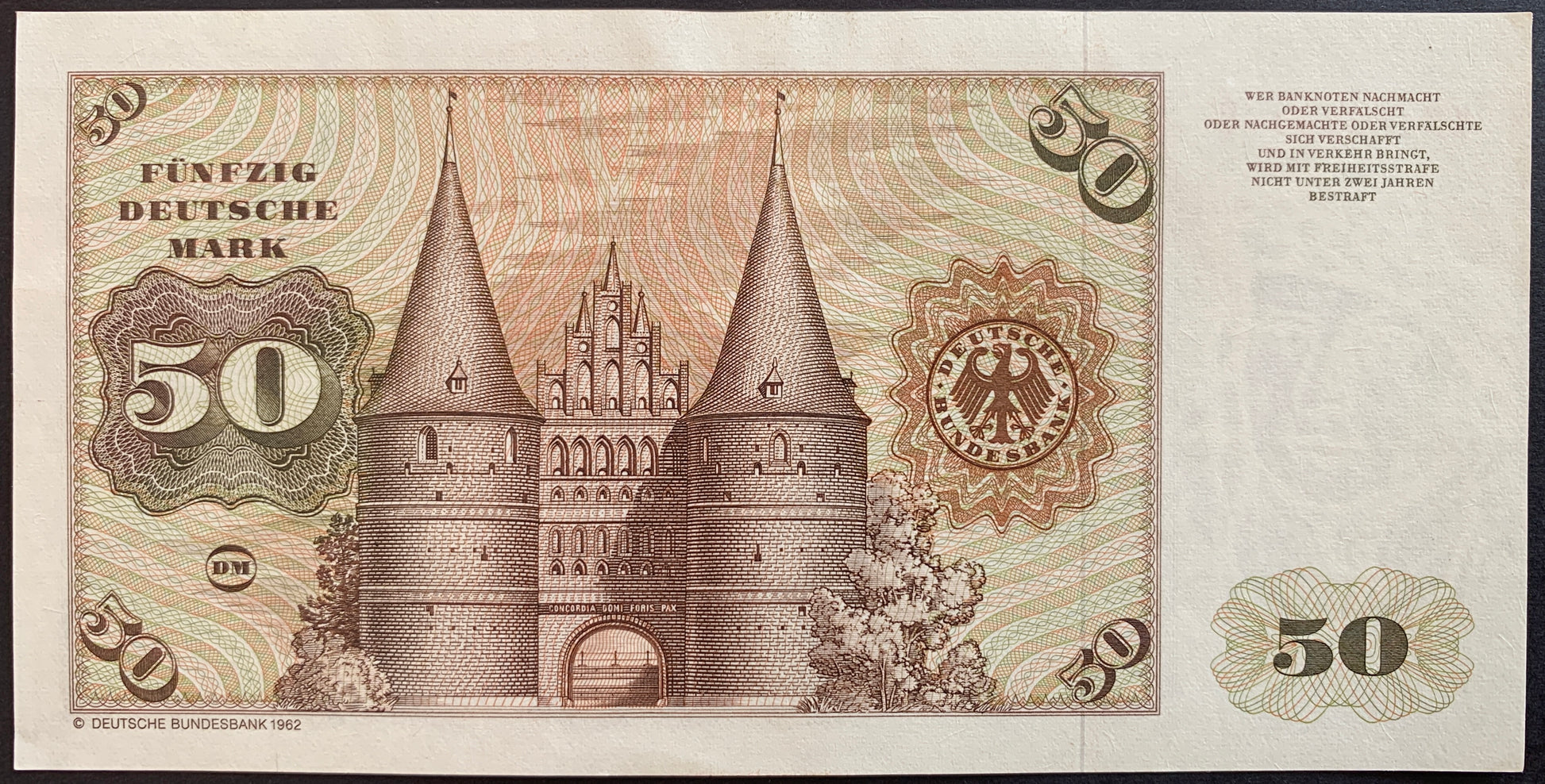 Germany 50 Deutsche Mark 1980 P-33d vintage banknote with Holsten Gate in Lübeck