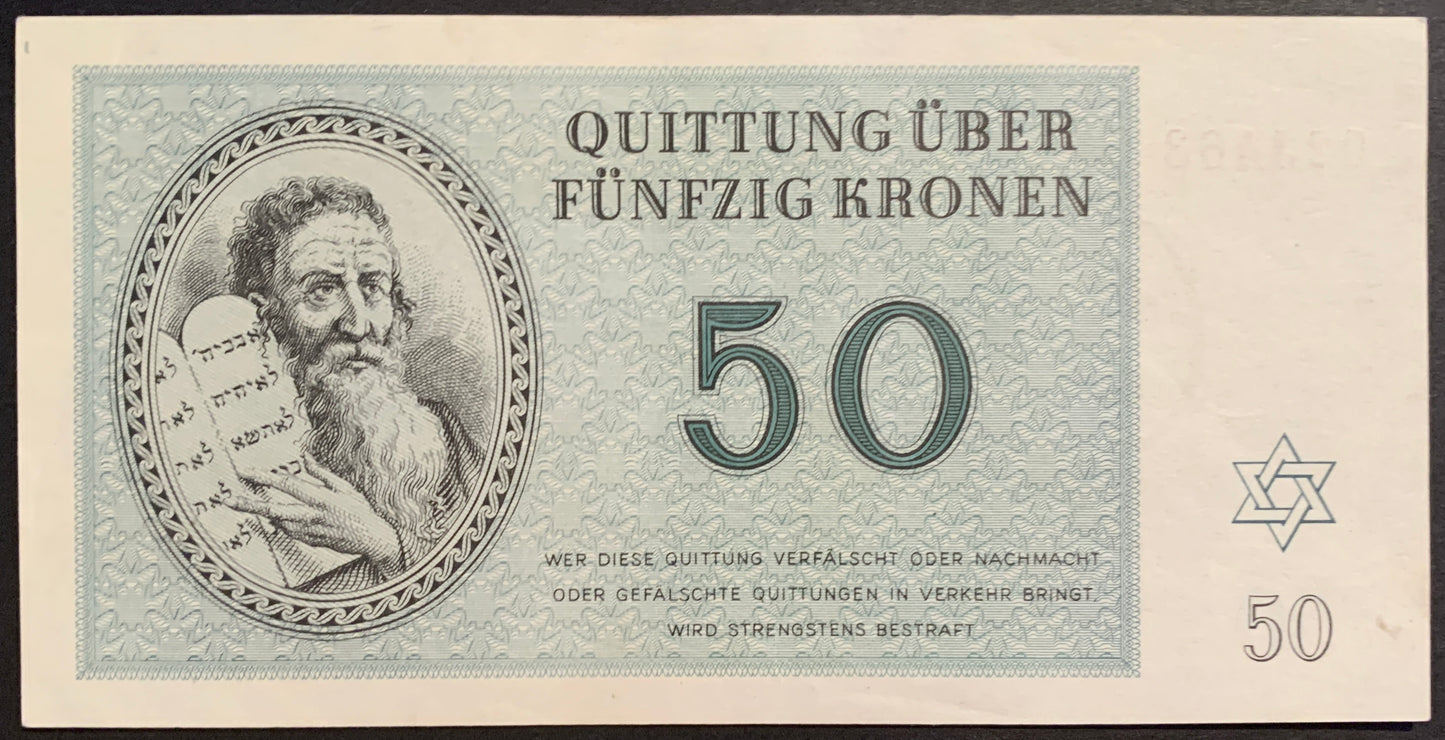 Protectorate of Bohemia and Moravia, Theresienstadt Concentration Camp 50 Kronen vintage voucher banknote 1943 AUNC with The Star of David and Moses carrying the Tables of Law with the Ten Commandments