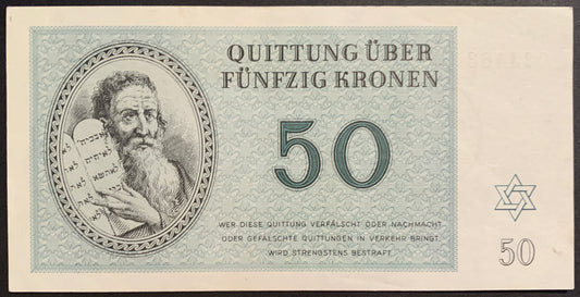 Protectorate of Bohemia and Moravia, Theresienstadt Concentration Camp 50 Kronen vintage voucher banknote 1943 AUNC with The Star of David and Moses carrying the Tables of Law with the Ten Commandments