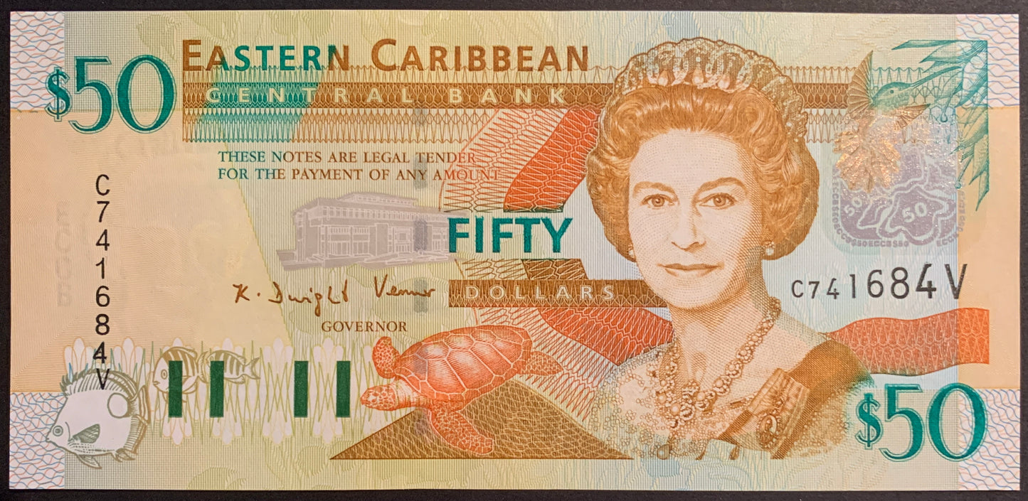 Eastern Caribbean States 50 Dollars ND (2003) P-45v UNC banknote with turtle, hummingbird, portrait of queen Elizabeth II, fish, and ECCB building