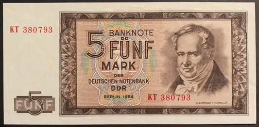 Germany 5 Mark 1964 P-22 XF vintage german banknote from GDR with portrait of Alexander von Humboldt