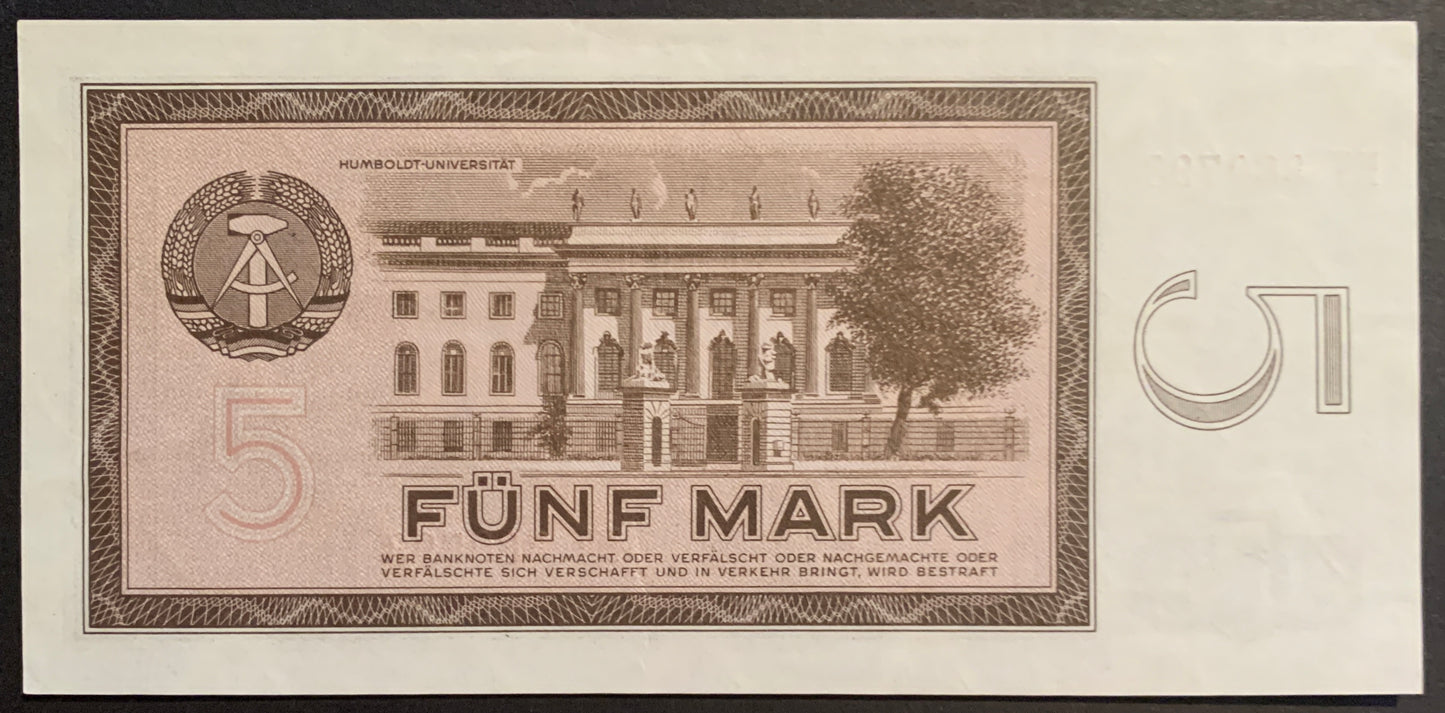 Germany 5 Mark 1964 P-22 XF vintage german banknote from GDR with main building of the Humboldt University (Prinz-Heinrich-Palais) in Berlin