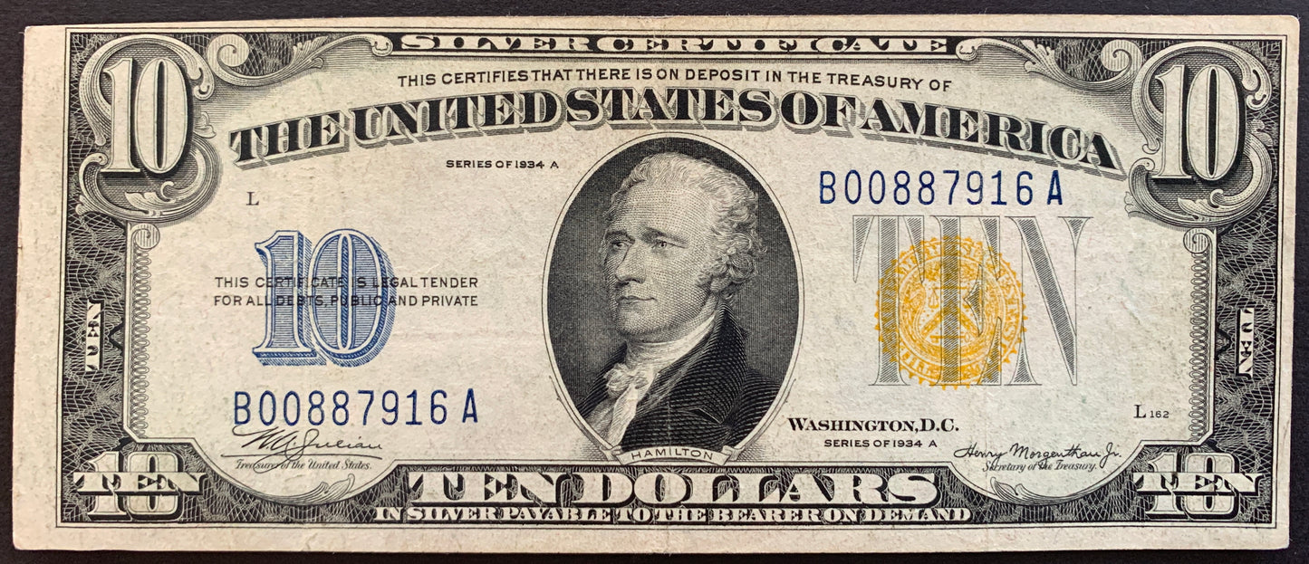 USA Silver Certificate 10 Dollars 1934 P-415Y north africa yellow seal vintage banknote bill with portrait of Hamilton