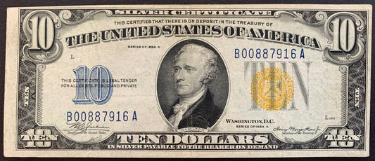 USA Silver Certificate 10 Dollars 1934 P-415Y north africa yellow seal vintage banknote bill with portrait of Hamilton