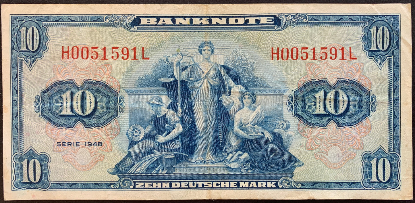 Germany 10 Deutsche Mark 1948 P-5a vintage banknote with allegorical figures of Justice, Law, and workers