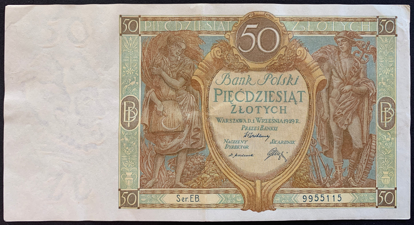 Poland 50 Zlotych 1929 P-71 XF vintage banknote with lady and Mercury