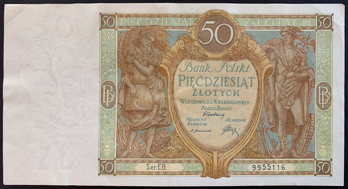 Poland 50 Zlotych 1929 P-71 XF vintage banknote with lady and Mercury