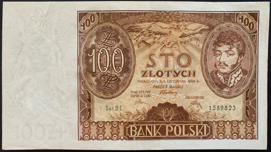 Poland 100 Zlotych 1934 P-75 XF vintage banknote with portrait of Józef Antoni Poniatowski
