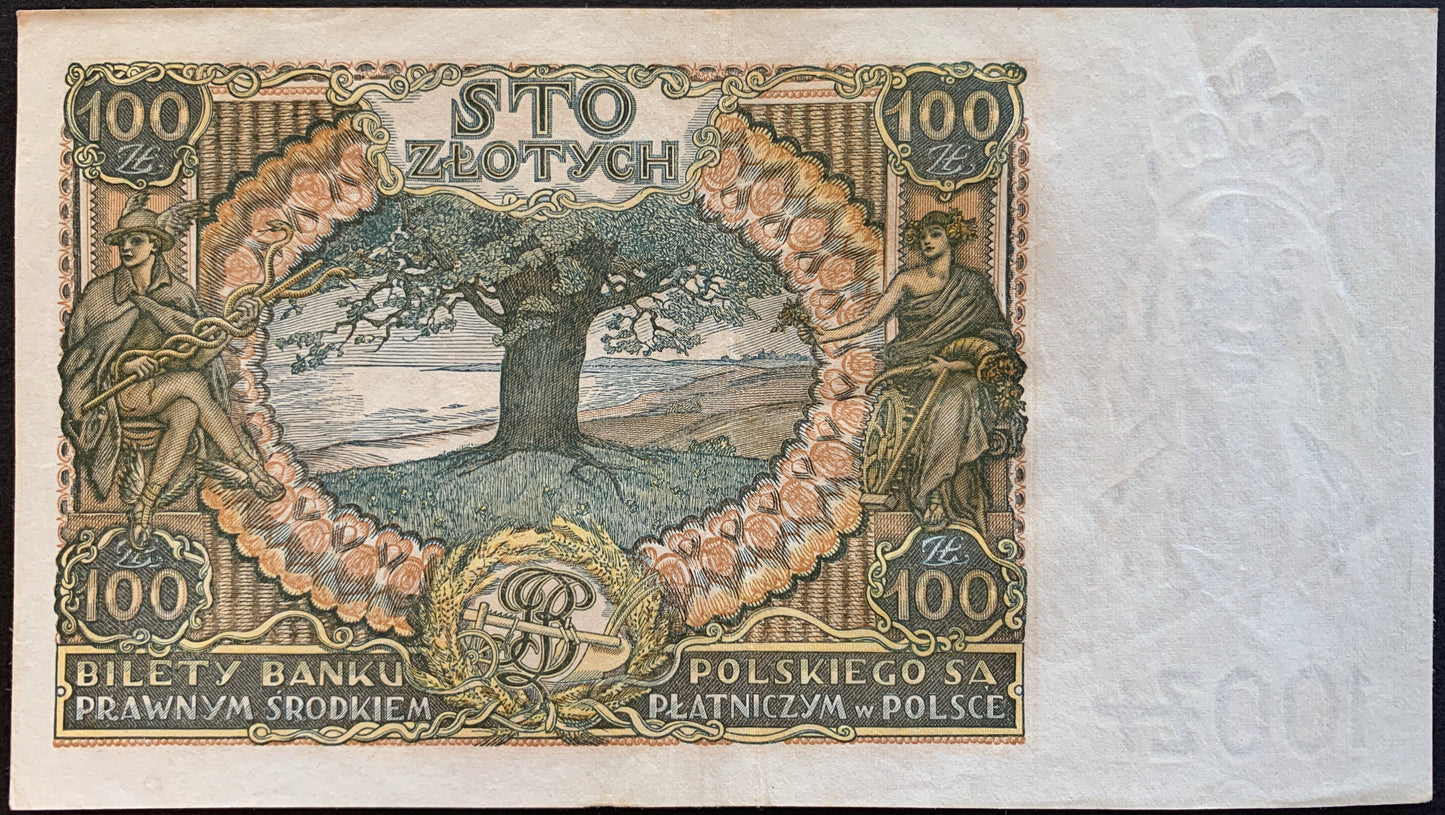 Poland 100 Zlotych 1934 P-75 XF vintage banknote with Oak tree, Fortuna and Hermes