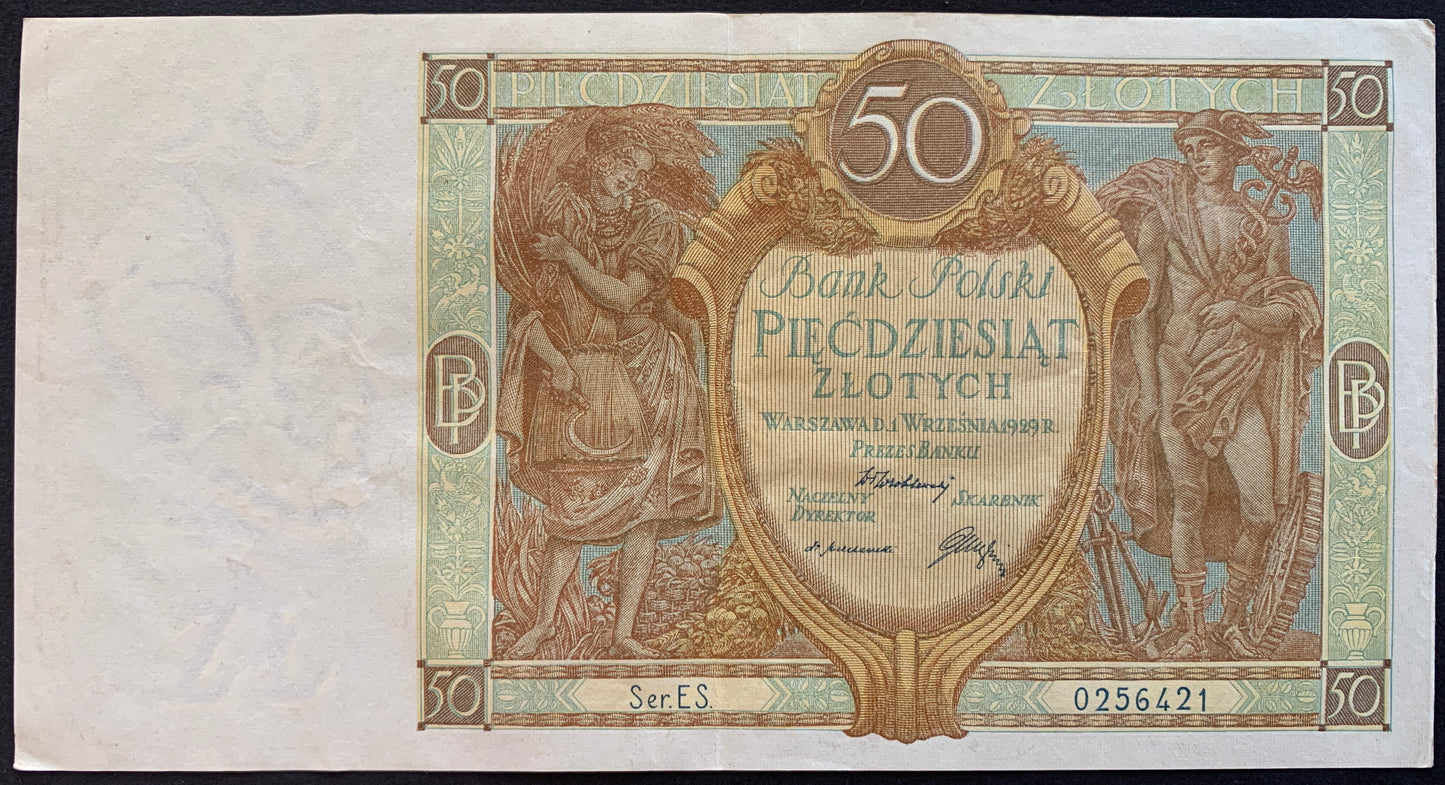 Poland 50 Zlotych 1929 P-71 XF vintage banknote with lady and Mercury