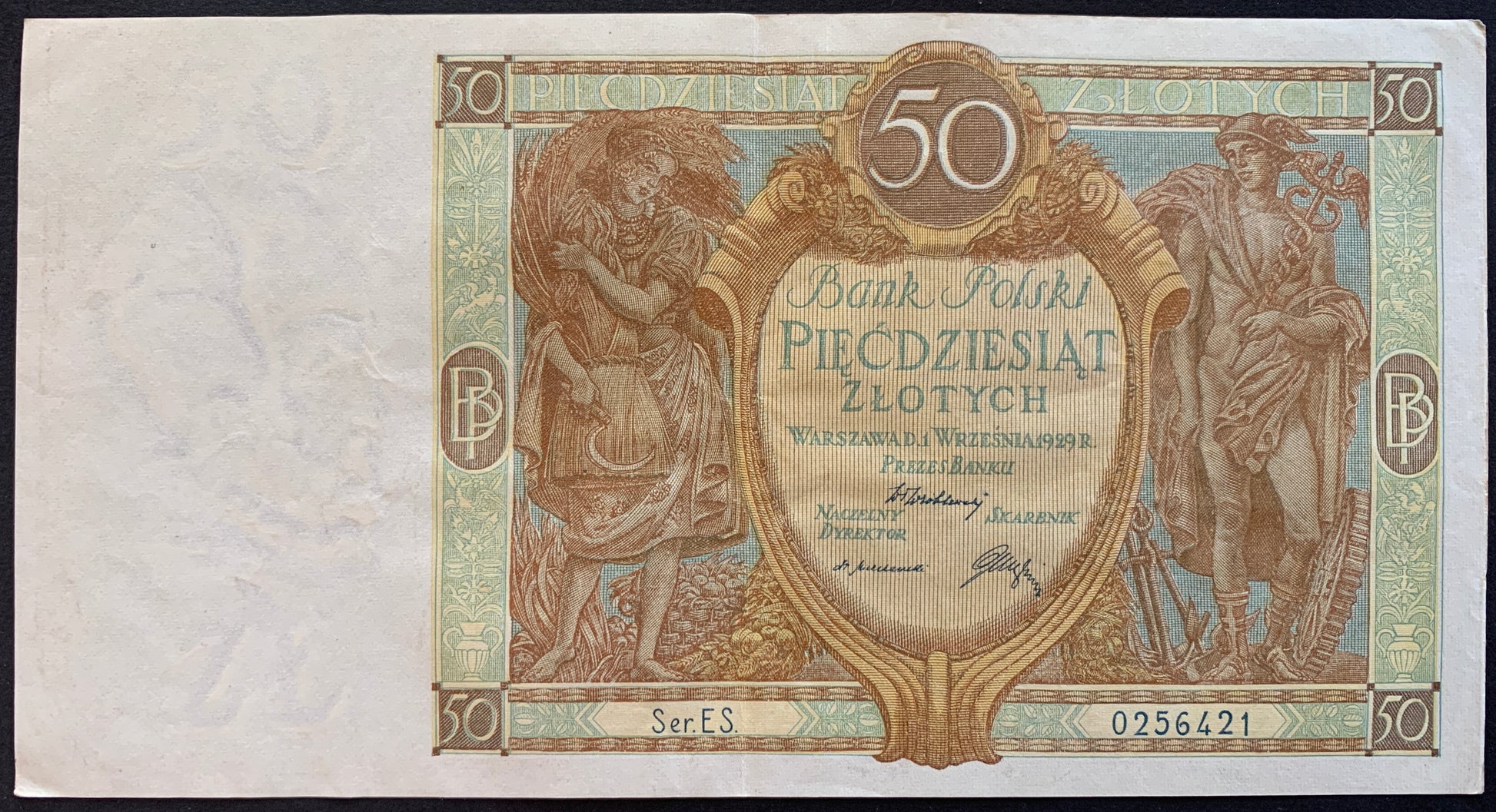Poland 50 Zlotych 1929 P-71 XF vintage banknote with lady and Mercury