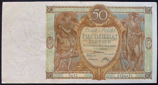 Poland 50 Zlotych 1929 P-71 XF vintage banknote with lady and Mercury