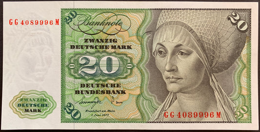 Germany 20 Deutsche Mark 1980 P-32b vintage banknote with portrait of Elsbeth Tucher