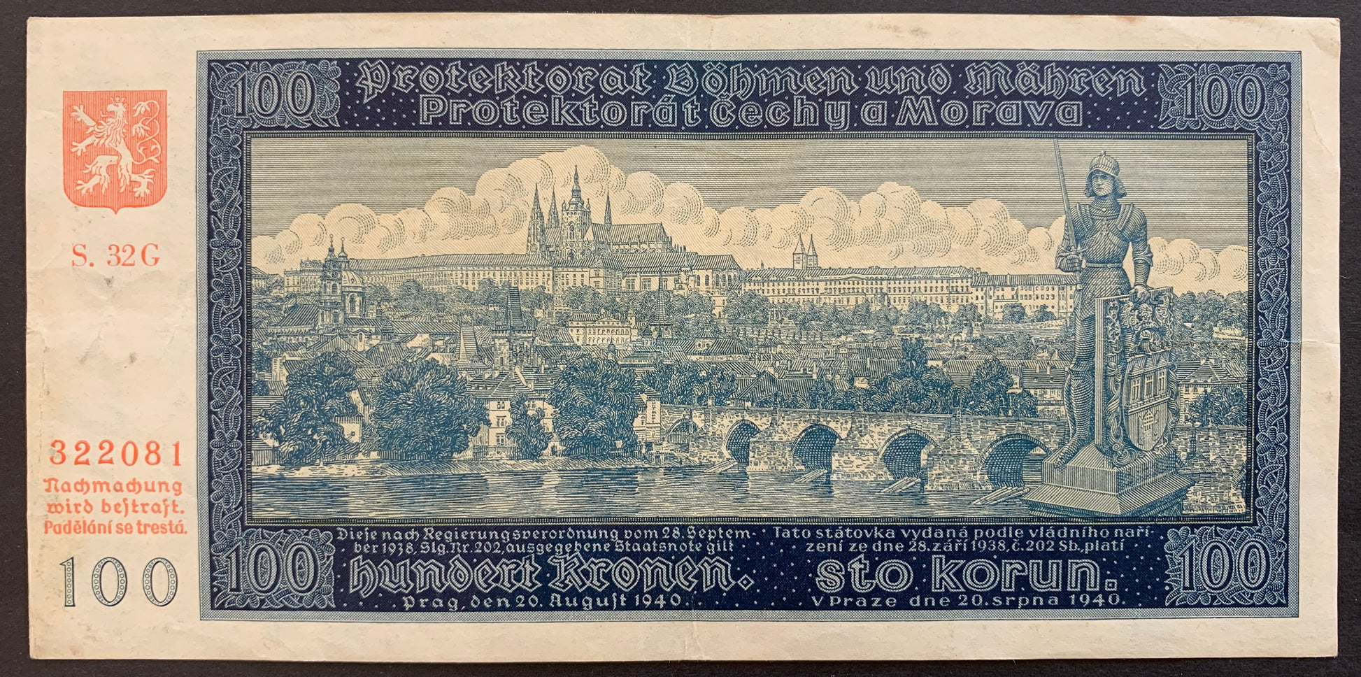 Protectorate of Bohemia and Moravia 100 Kronen/Korun 1940 P-7a VF vintage banknote with View over Prague with castle and Charles bridge, Roland statue (knight Bruncvík) to the right