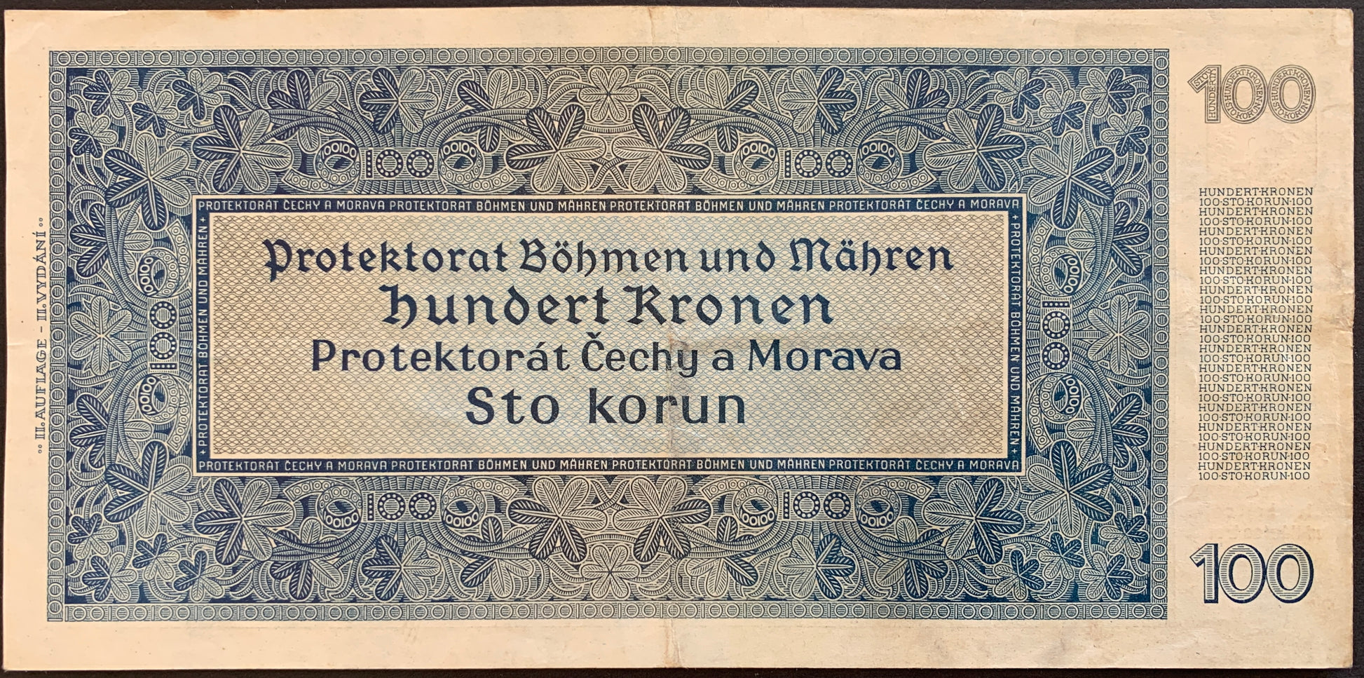 Protectorate of Bohemia and Moravia 100 Kronen/Korun 1940 P-7a VF vintage banknote